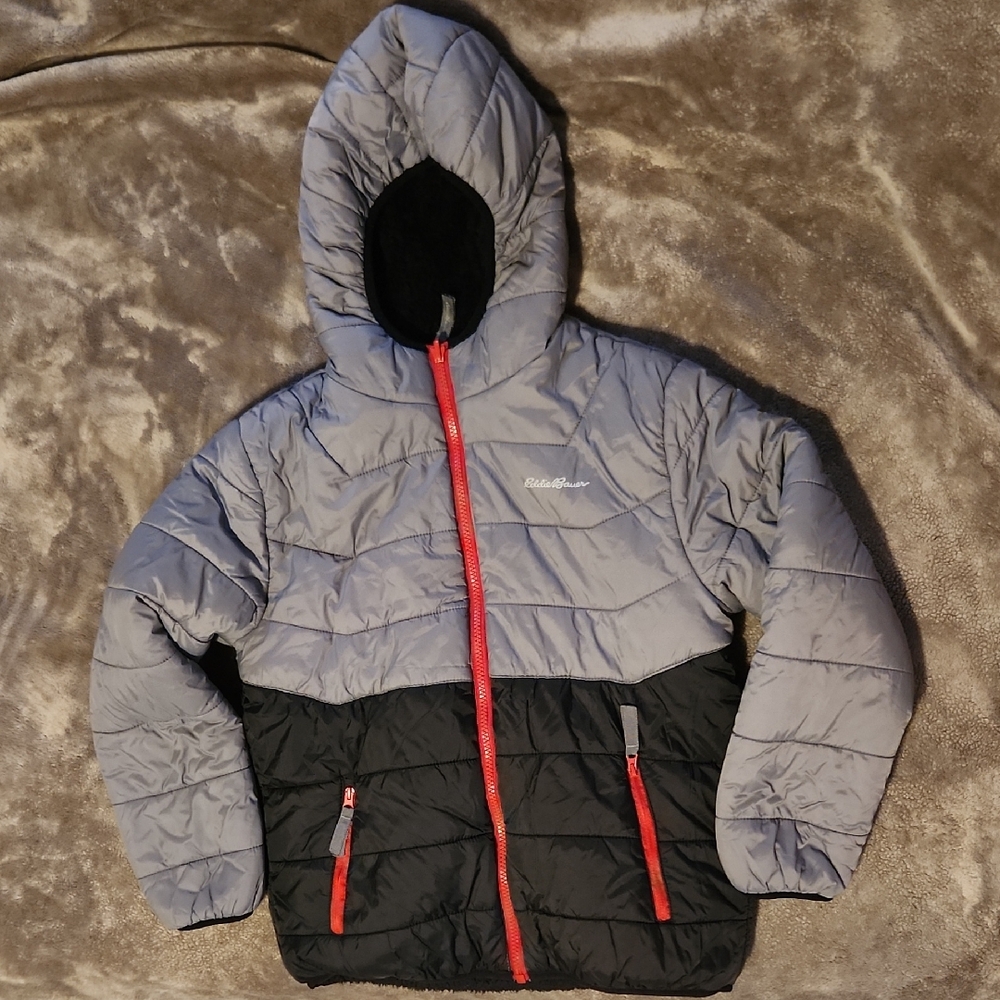 Eddie Bauer Gray and Black Puffer Jacket with Hood Size 10/12
